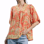 Umgee USA Boho Apricot Floral Blouse Casual Loose Short Balloon Sleeve Top