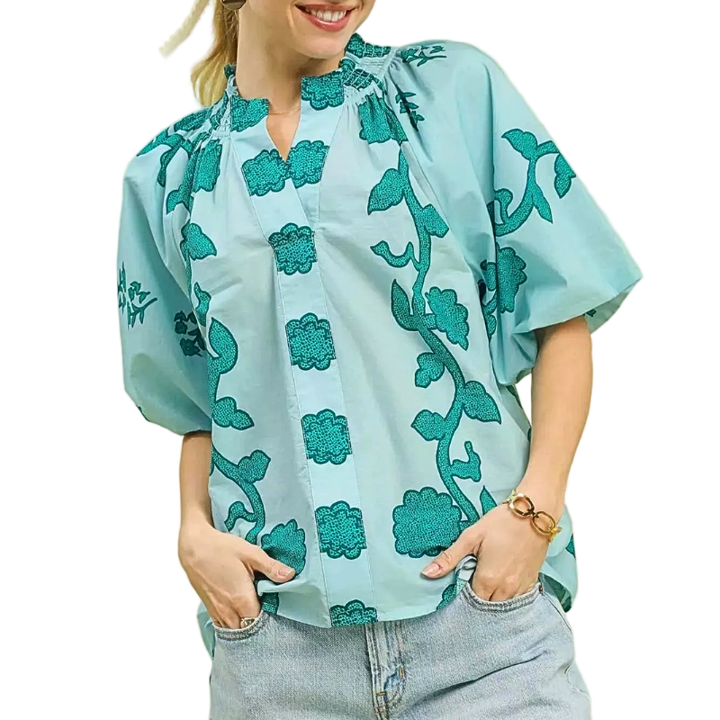 Umgee Blouse Teal Green Floral Smocked Notched Neck Ballon Short Sleeve Casual Top