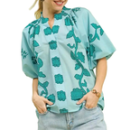 Umgee Blouse Teal Green Floral Smocked Notched Neck Ballon Short Sleeve Casual Top