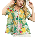 Umgee Floral Blouse Jacquard Bloomscape Green Mix Print Contrast Stripe Neck Top