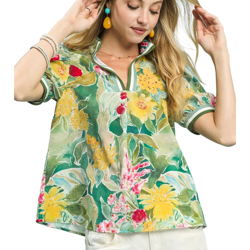 Umgee Floral Blouse Jacquard Bloomscape Green Mix Print Contrast Stripe Neck Top