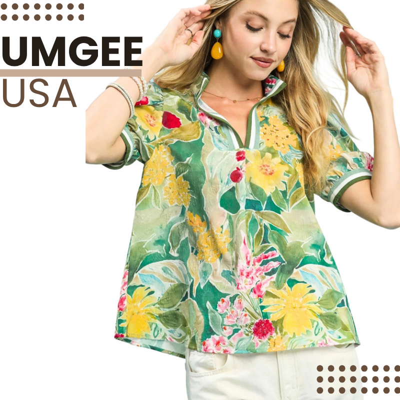 Umgee Floral Blouse Jacquard Bloomscape Green Mix Print Contrast Stripe Neck Top