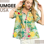 Umgee Floral Blouse Jacquard Bloomscape Green Mix Print Contrast Stripe Neck Top
