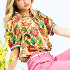 Umgee USA Boho Blouse Jacquard Abstract Print Contrast Stripe Trim V-Neck Top