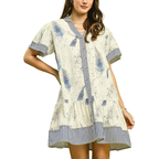 Umgee Linen Floral Blue Shirt Dress Ruffle Buttoned Short Sleeve Casual Loose