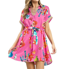 Umgee Mini Dress Floral Pink Belted Contrast Trim V-Neck Boho Casual Lightweight