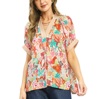 Umgee Blouse Floral Pink Mix Boho Contrast Stripe V-Neck Casual Loose Top