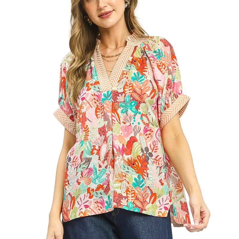 Umgee Blouse Floral Pink Mix Boho Contrast Stripe V-Neck Casual Loose Top