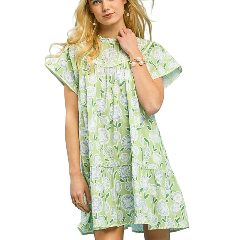 Umgee Babydoll Mini Dress Green Floral Boho Contrast Trim Round Neck Loose Style