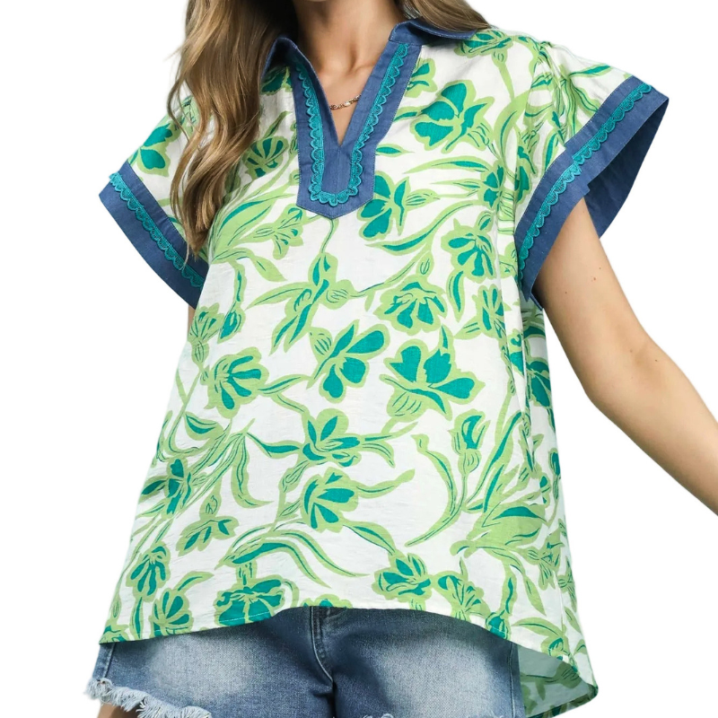 Umgee USA Boho Casual Blouse Green Floral Split Blue Contrast Neck Loose Top