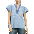 Umgee USA Blouse Abstract Floral Applique Split Neck Top Light Blue Cap Sleeve Top