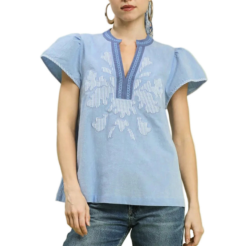 Umgee USA Blouse Abstract Floral Applique Split Neck Top Light Blue Cap Sleeve Top