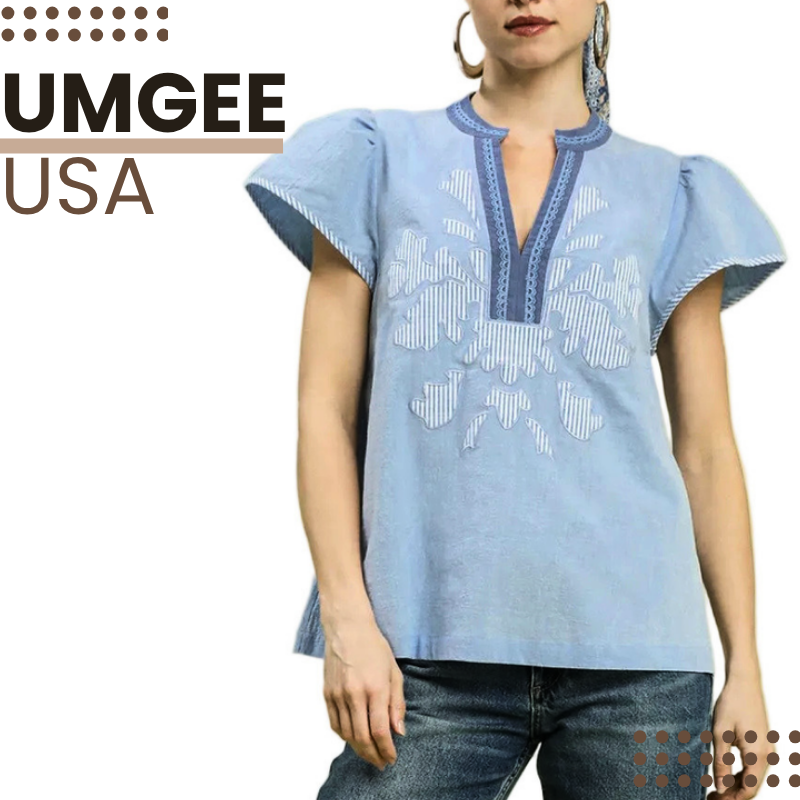 Umgee USA Blouse Abstract Floral Applique Split Neck Top Light Blue Cap Sleeve Top