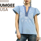 Umgee USA Blouse Abstract Floral Applique Split Neck Top Light Blue Cap Sleeve Top