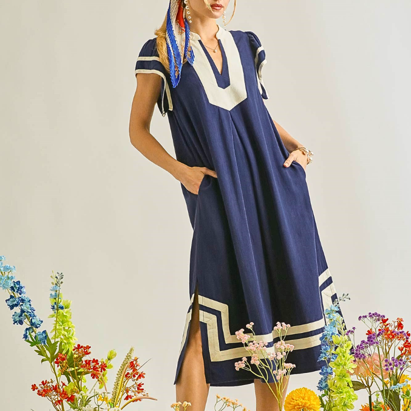 Umgee Linen Midi Dress Navy Blue Cotton Contrast V-Neck Short Sleeve with Pockets