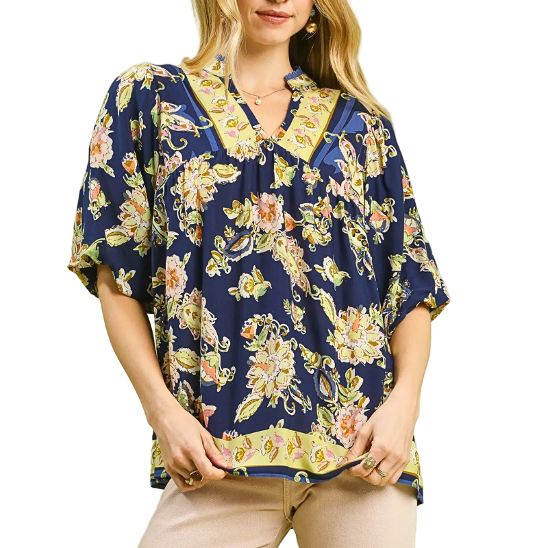 Umgee Blouse Navy Apricot Floral Paisley Mix Print Boho V-Neck Contrast Casual Top