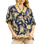 Umgee Blouse Navy Apricot Floral Paisley Mix Print Boho V-Neck Contrast Casual Top