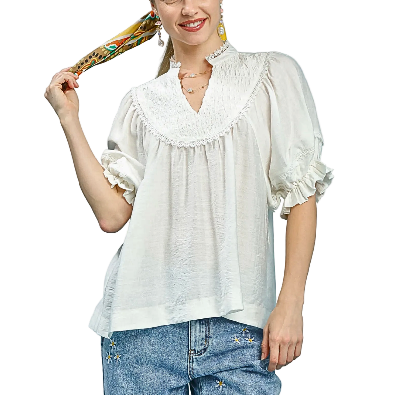 Umgee Blouse Smocked neck Yoke Off white Ruffle Short Sleeve Loose Top