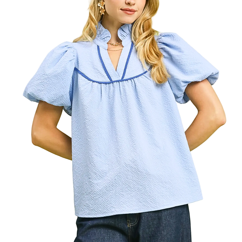 Umgee Textured Blouse Sky Blue Puff Short Sleeve Loose Top with Contrast Trim V-neck