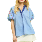 Umgee Blouse Blue Striped Floral Embroidered Ballon Short Sleeve Button V-Neck Top