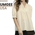 Umgee USA Blouse Textured Check Ruffle V-Neck Cream Short Ballon Sleeve Top