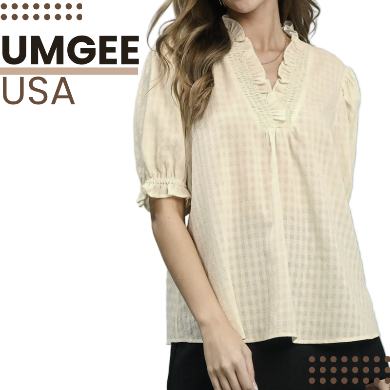 Umgee USA Blouse Textured Check Ruffle V-Neck Cream Short Ballon Sleeve Top