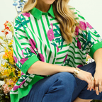 Umgee USA Floral Stripe Shirt Blouse Green Mixed Loose Button-up Casual Top