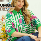 Umgee USA Floral Stripe Shirt Blouse Green Mixed Loose Button-up Casual Top