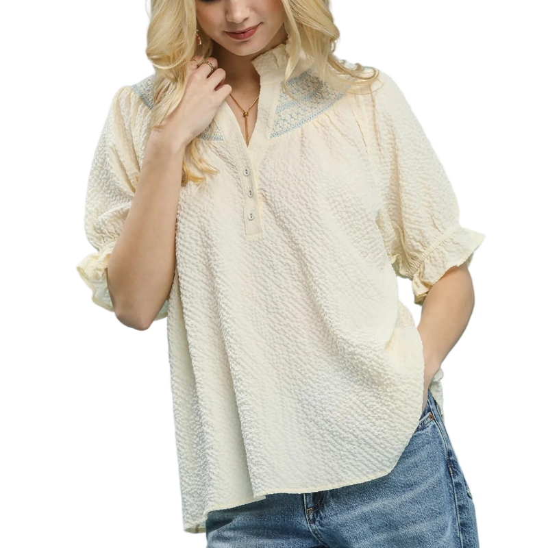 Umgee USA Textured Casual Blouse Henley Embroidered Neck Cream with Ruffle Cuffs