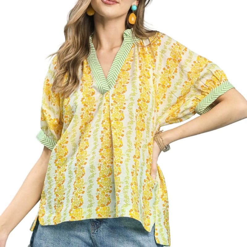 Umgee Bohemian Mixed Print Blouse Women Contrast Trim V-Neck Top Short Sleeve
