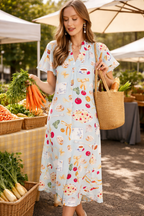 Umgee USA Midikleid V-Ausschnitt Sommer Bunt bedruckt Rüschen Kurze Ärmel Taschen