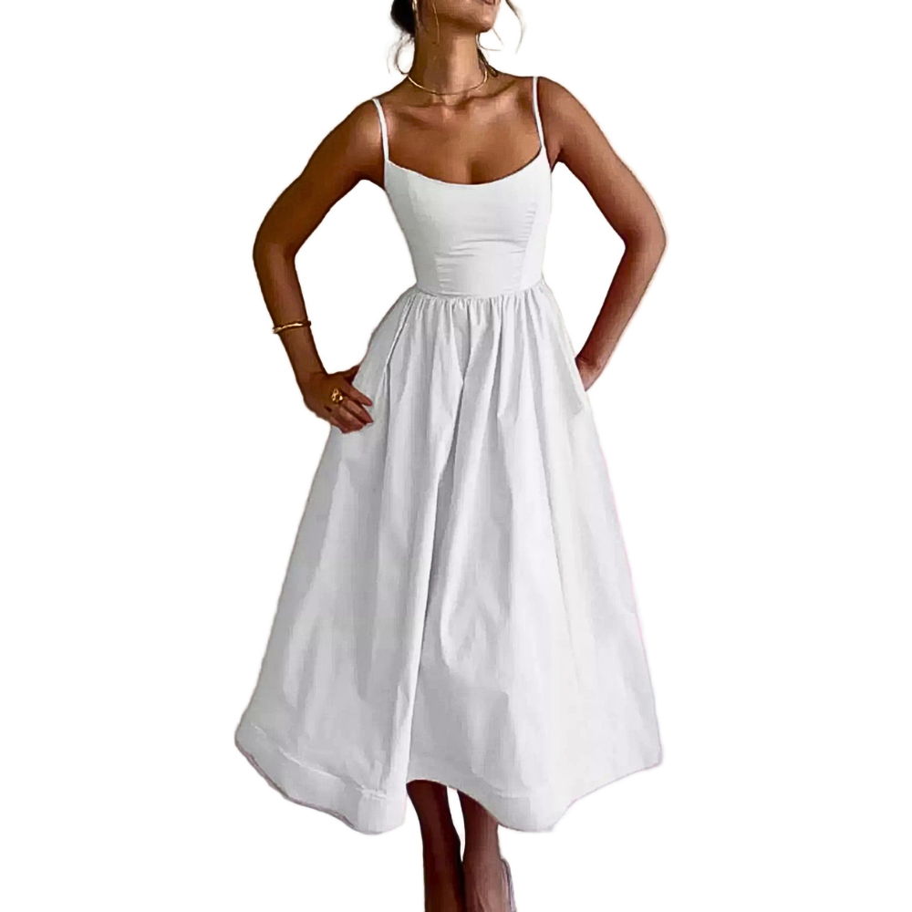 Midi Tank Dress Scoop Neck Ruffle A-Line Sleeveless Strappy High Waisted