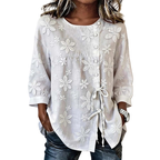 Women's Casual Floral Embroidered Boho Button-Down Shirt White 3/4 Sleeve Top