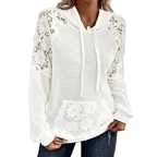 Women's Hoodie White Lace Trim Waffle Knit Oversized Pocketed Loose Top