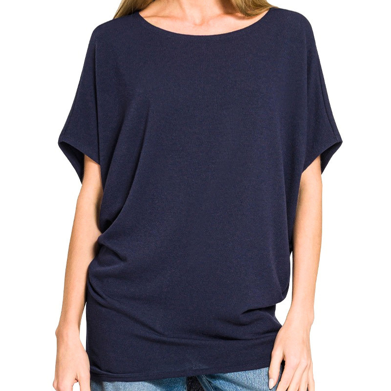 Zenana Women's Loose Blouse Hacci Dolman Short Sleeve Boat Neck Navy Blue Top