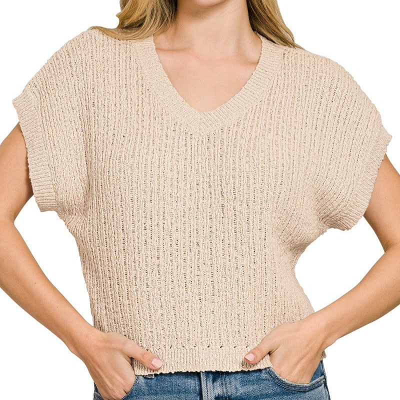Zenana Women's Oversized Cropped Sweater Textured Knit V-Neck Beige Short Sleeve