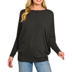 Zenana Casual Blouse Black Hacci Dolman Long Sleeve Boat Neck Loose Solid Top