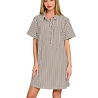 Zenana Mini Dress Striped Brown T-Shirt Collared Half Button Up Short Sleeve Casual