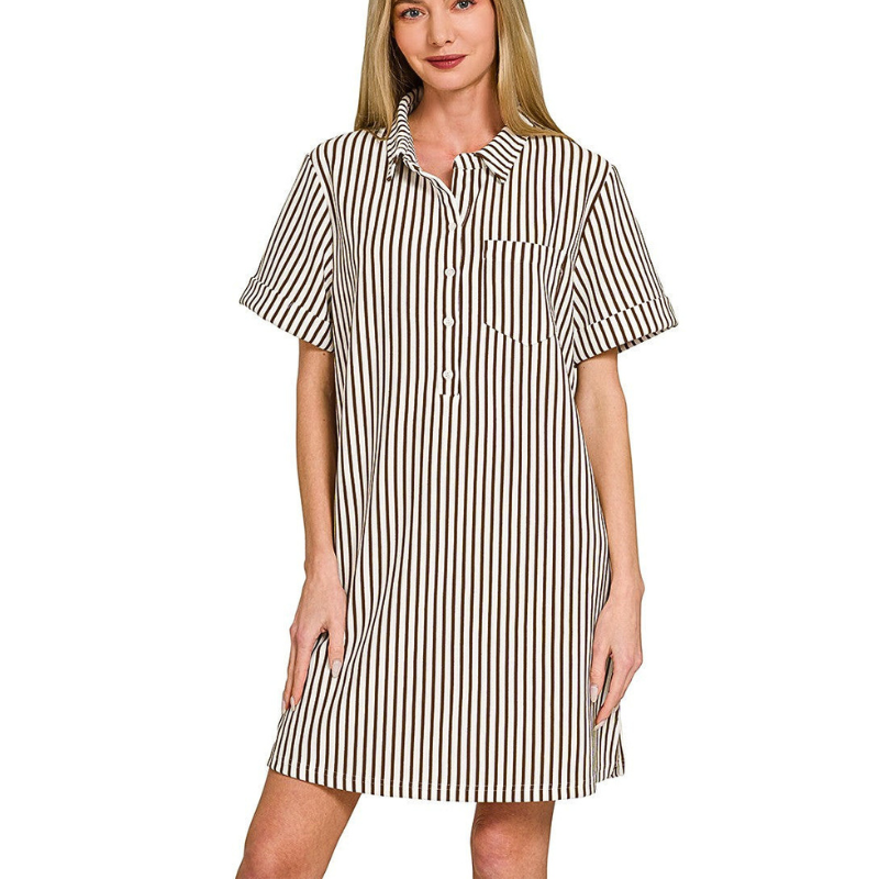 Zenana Mini Dress Striped Brown T-Shirt Collared Half Button Up Short Sleeve Casual