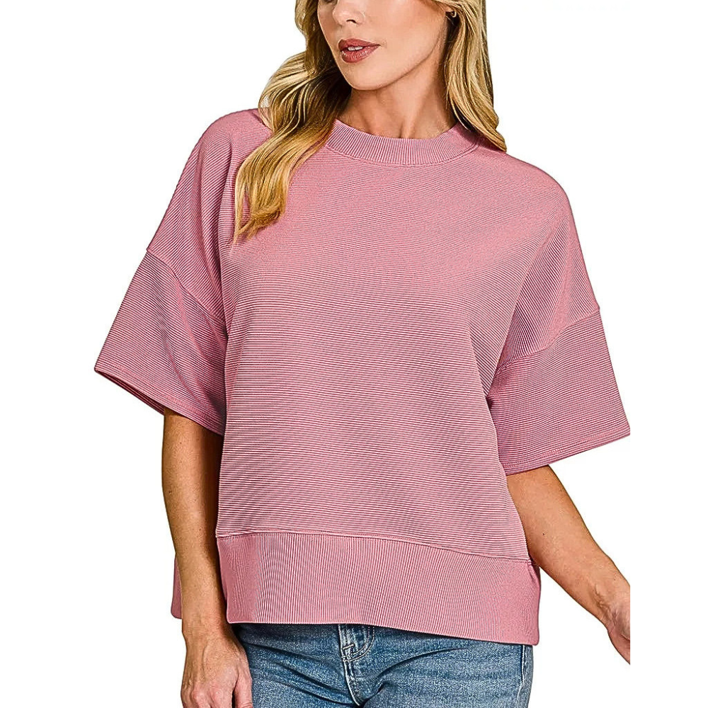 Zenana Casual Blouse Ribbed Round Neck Short Sleeve Loose Top