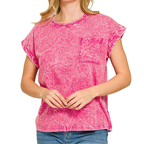 Zenana Φούξια T-shirt Ζαρωμένο Πλυμένο Στρογγυλή Λαιμόκοψη Χαλαρή Γραμμή Κοντό Μανίκι Casual Μπλούζα