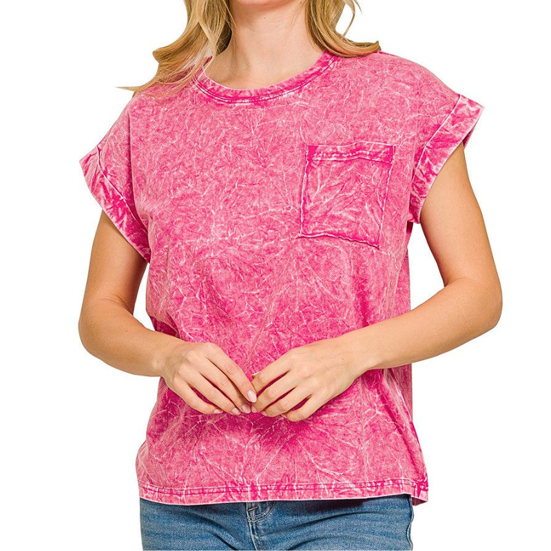 Zenana Hot Pink T-shirt Crinkle Washed Round Neck Boxy Short Sleeve Casual Top Tee