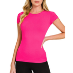 Zenana Nahtloses T-Shirt Hot Pink Damen Freizeit Rundhals Basic Top Tee