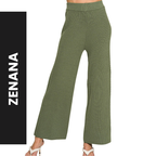 Zenana Sweater Wide Leg Pants Viscose Knit Lightweight Olive Elastic Waistband