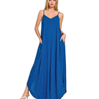 Zenana Maxi Tank Dress Oversized Classic Blue V-Neck Strap Lightweight with Pockets