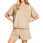 Zenana Women Two-Piece Casual Outfit Exposed Seam Boxy Top & Shorts Set Mocha