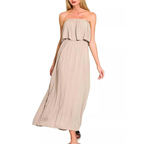 Zenana Strapless Maxi Dress Ruffle Ash Mocha Woven Crinkle