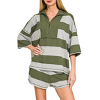 Zenana Outfit Set Freizeit Gestreift Olive French Terry Half-Zip Top und Shorts Set 2-teilig