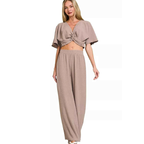 Zenana Set Women’s Two‑Piece Outfit Woven Airflow Twisted Top & Wide Leg Pants