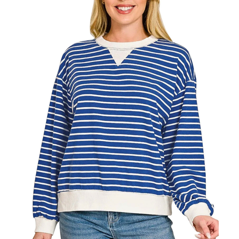 Zenana Oversized Sweatshirt Striped Light Navy Blue Ribbed White Band Long Sleeve Top